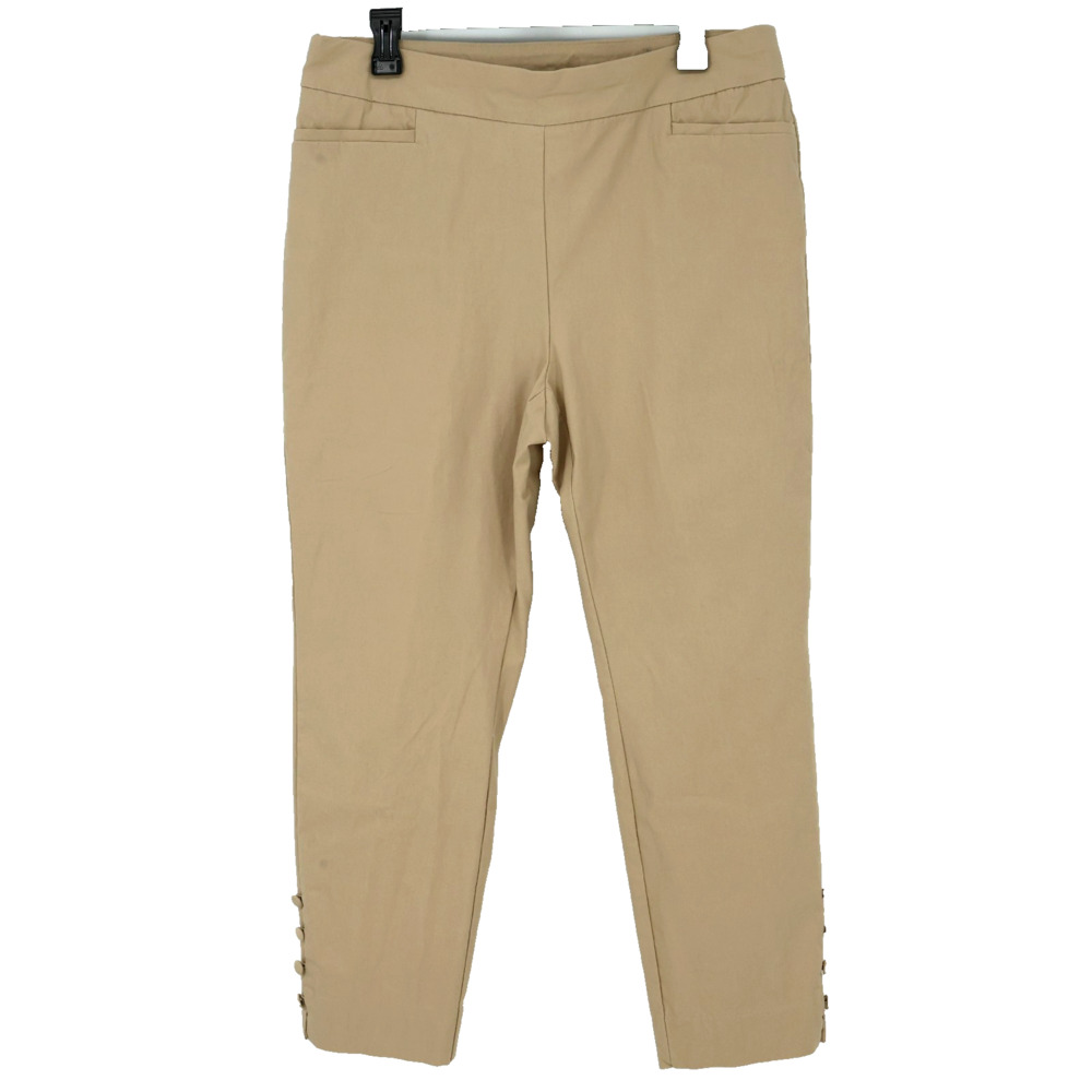 Chicos Pants 2 R Womens 12 Large Beige Stretch Elastic Waist Button Hem Straight
